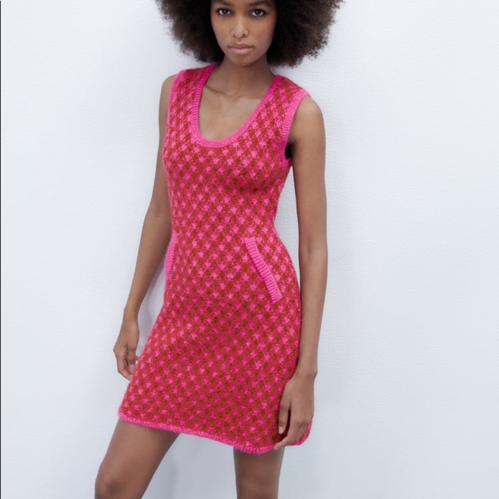 Zara PLAID KNIT Sleeveless Mini A-Line Dress w/ Round Neckline Size S Pink NEW - Picture 11 of 16